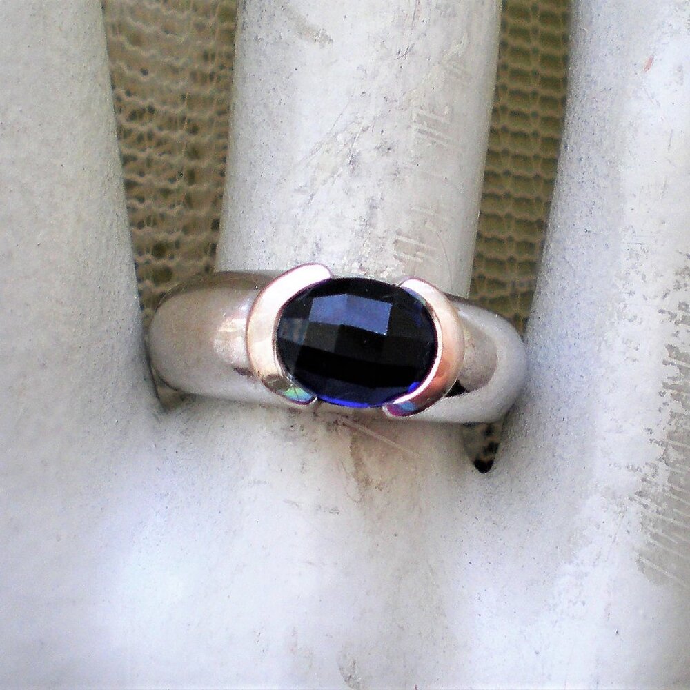 Sterling Silver Ring with Deep Blue Oval Gemstone